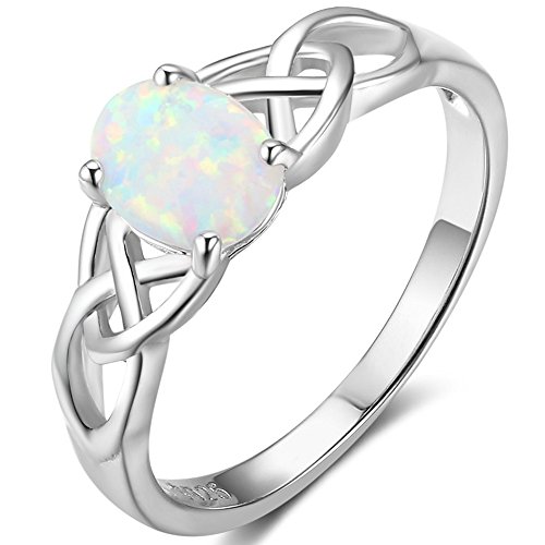 925 Sterling Silver Celtic Knot Heart Shaped Fire Opal Wedding Engagement Ring (Silver-Knotted Oval Stone, 8.5)