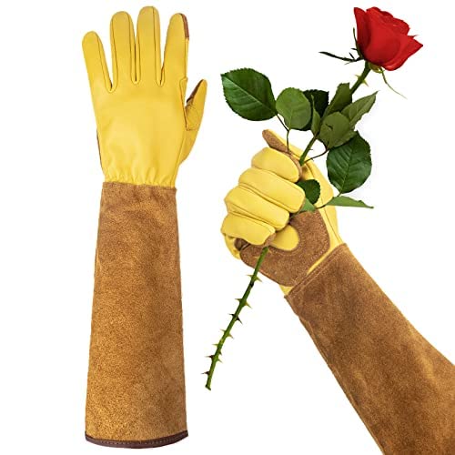 WOHEER Long Gardening Gloves for Women Thorn Proof,Rose Pruning Cowhide Leather Garden Gloves for Cactus, Rose and Blackberry, Large (1 Pair)