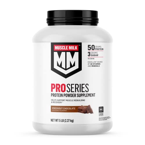 Muscle Milk Pro Series Protein Powder Supplement, Knockout Chocolate, 5 Pound, 28 Servings, 50g Protein, 3g Sugar, 20 Vitamins & Minerals, NSF Certified for Sport, Workout Recovery
