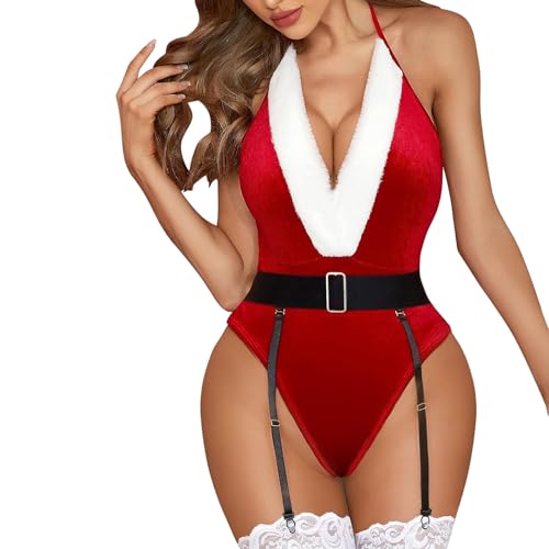 Christmas Lingerie for Women Red Christmas Sexy Santa Costume Babydoll Teddy Strap Bodysuit Outfits with Garter Belts