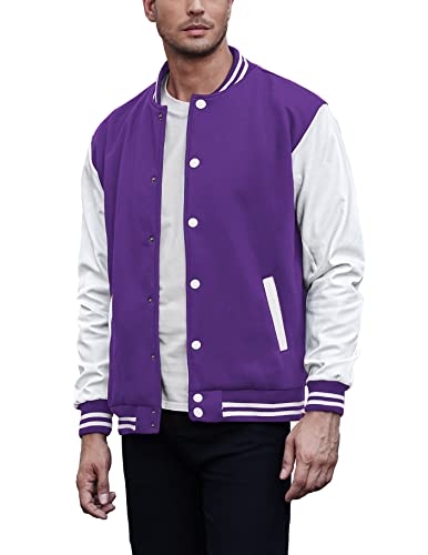 COOFANDY Mens Bomber Varsity Jacket Coat Unisex Hip Hop Hipster Jersey Jackets Slim Fit Purple X-Large