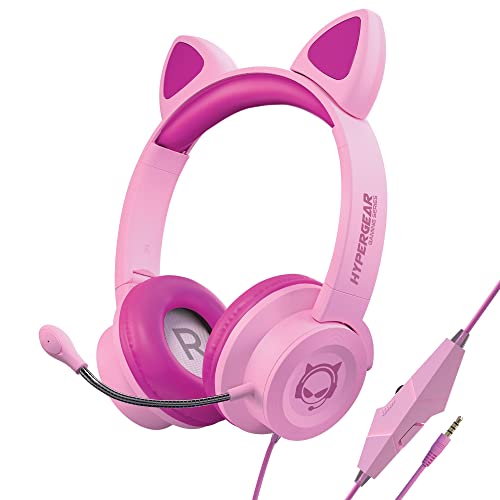 HyperGear Cat Ears Gaming Headset with Microphone Foldable Wired Headphone for Kids Chatting with Classmates Teammates Gaming Fits PC/Mac & 3.5mm Devices - Pink