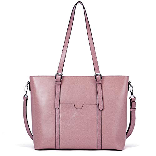 BOSTANTEN Women Leather Laptop Tote Office Shoulder Handbag Vintage Briefcase 15.6 inch Computer Work Purse Pink