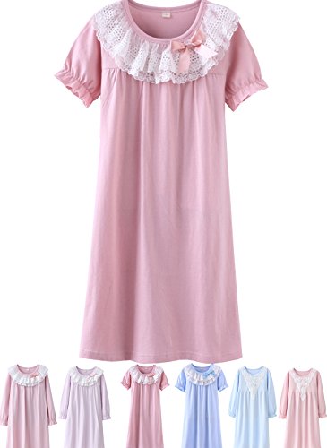 ABALACOCO Girls Kids Princess Lace Nightgown Long Sleeve Cotton Sleepwear Dress Pretty Homewear Dress (12-13 Years, Pink/Short)