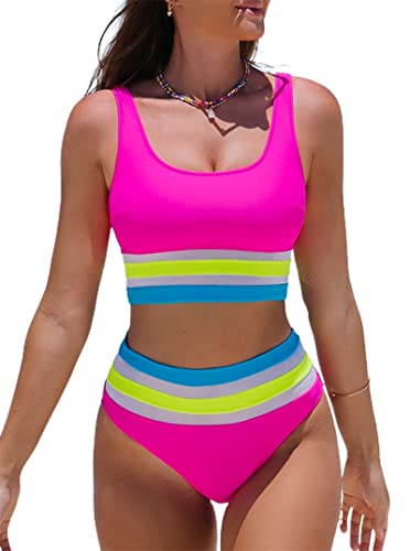 Hilinker Women's Color Block 2 Piece Bikini Set Scoop Neck High Waisted Swimsuit Hot Pink Mesh X-Large