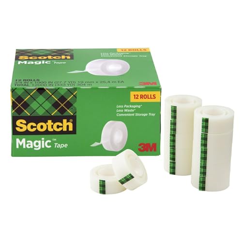 Scotch Magic Tape, 12 Roll Cabinet Pack, Great for Gift Wrapping, Numerous Applications, Invisible, Engineered for Repairing, 3/4 x 1000 Inches, Boxed