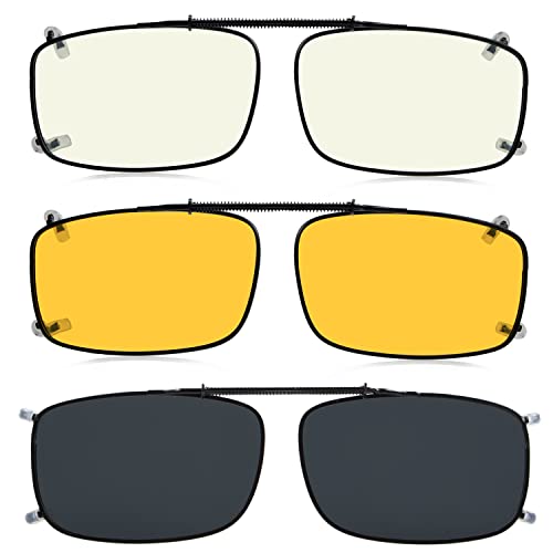 Eyekepper 3-pack Clip-on Polarized Sunglasses Grey/Yellow Lens Blue Light Blocking 54 * 34MM