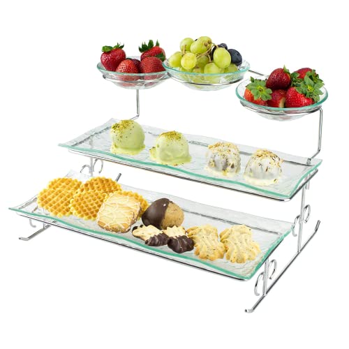 Ilyapa 3 Tier Server Stand with Trays & Bowls - Tiered Serving Platter - Perfect for Cake, Dessert, Shrimp, Appetizers & More