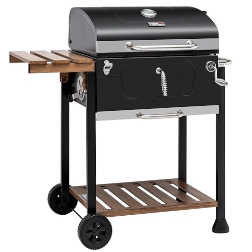 Royal Gourmet CD1824M 24-Inch Charcoal Grill, BBQ Smoker with Handle and Folding Table, Perfect for Outdoor Patio, Garden and Backyard Grilling, Black, Medium