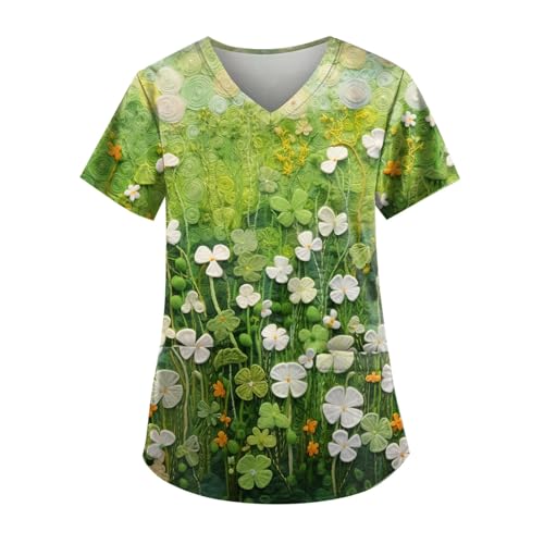 Women's Nursing Shirts Tees V-Neck 3D Simulated Embroidery Floral Print Working Uniform Casual Pocketed Scrub Top（Medium,2-Army Green）