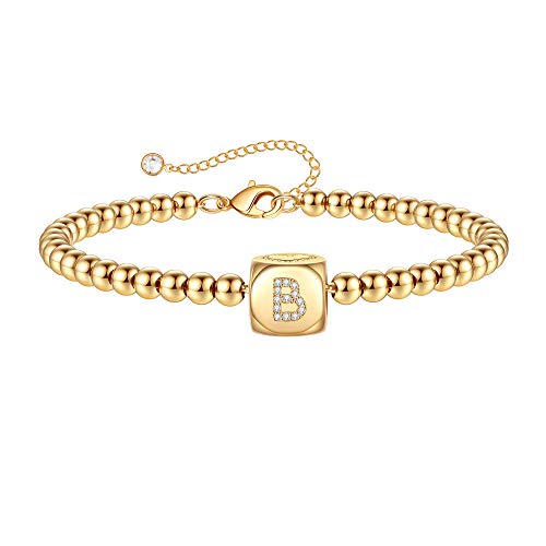 Yoosteel Initial Bracelets for Women Gifts, 14K Gold Filled Beads Chain Alphabet B Charm Handmade Initial Bracelet Gold Bracelets for Women Daily Jewelry(B)