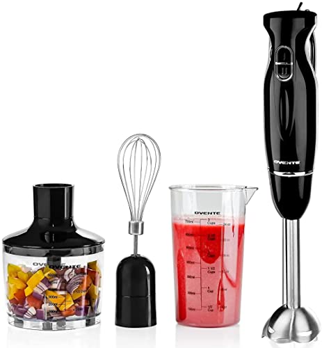 OVENTE Immersion Electric Hand Blender 300 Watt Power 2 Mix Speed with Stainless Steel Blades, Handheld Stick Mixer Set with Egg Whisk Attachment Mixing Beaker and BPA-Free Food Chopper, Black HS565B