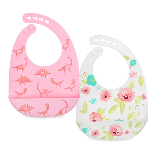 Nuby 2 Pack Adjustable Easy Clean Soft Silicone Bibs with Scoop, Pink Dinosaurs & Flowers