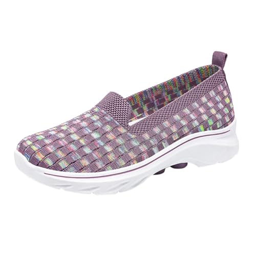 Womens Comfort Elastic Sock Slip On Walking Lightweight Non-Slip Summer Shoes Mesh Perforated Breathable Casual Shoes A Slip On 04_Purple, 6.5