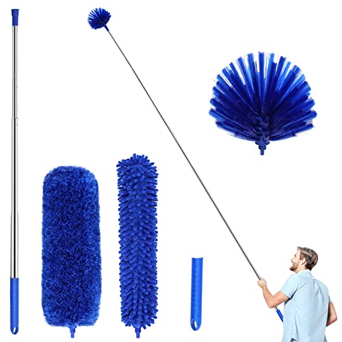 Microfiber Dusters w 2 Handle Sets, Durable 15~100 Inchs Long Telescopic Rod, Washable, Feather Dusters for Cleaning Cobweb, Ceilings Fans (5 Pack)…… Blue