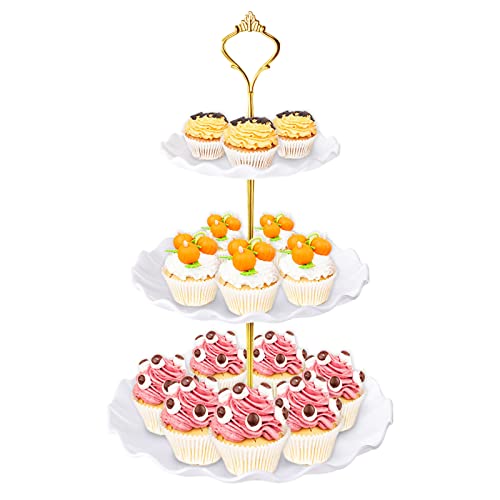 BACUTHY 3 Tier Cupcake Stand Holder, Plastic Cup Cake Stand Towel with Tiered Serving Tray for Cupcakes, Donuts, Fruits and More, White (White)