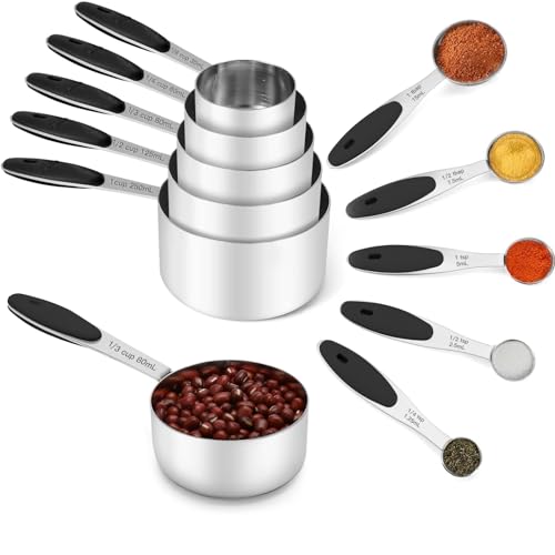 Joyhill Stainless Steel Measuring Cups and Spoons Set of 10 Piece, Nesting Metal Measuring Cups Set with Soft Touch Silicone Handles for Dry and Liquid Ingredients, Cooking & Baking (Black)