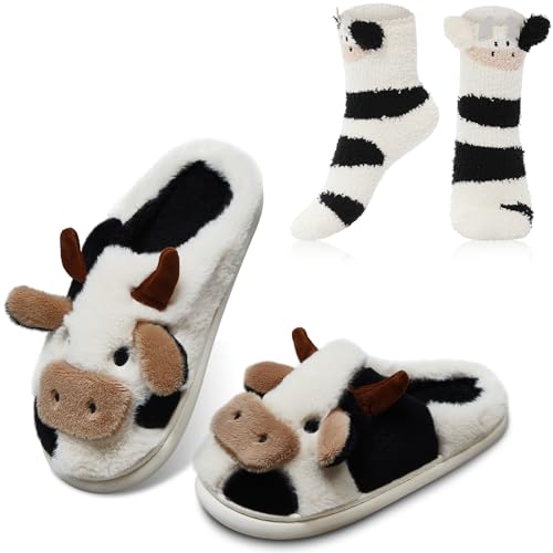 Zhanmai Fuzzy Cow Slippers Women Soft Cute Kawaii Shoes Animal Slippers Cute Slippers 3D Animal Winter Warm Slipper Socks Non-slip House Slippers(Simple Style, Fit 7-9 Feet)