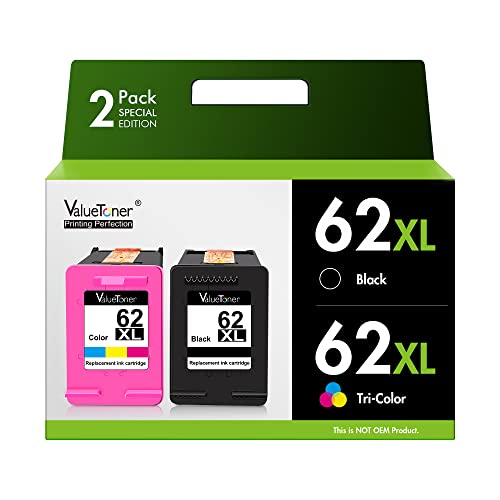 Valuetoner Remanufactured Ink Cartridge Replacement for HP Ink 62 62XL Works with HP Envy 5540 5640 5660 7644 OfficeJet 5740 5741 8040 OfficeJet 200 250 Series Printer (2-Pack, 1 Black 1 Tri-Color)