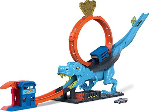 Hot Wheels City Toy Car Track Set, T-Rex Chomp Down with 1:64 Scale Vehicle, Knock Out The Giant Dinosaur with Stunts, Connects to Other Sets