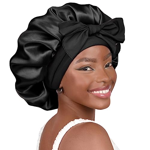 YANIBEST Satin Bonnet Silk Bonnet for Sleeping Double Layer Satin Lined Black Hair Bonnet with Tie Band Bonnets for Women Natural Curly Hair