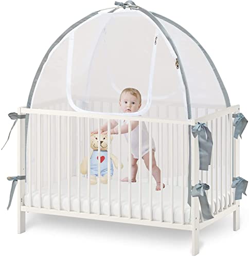 Baby Crib Tent Safety Net, Durable Strong Self-Locking Zippers, Protects from Climbing Out and, Insects, Mosquitoes, Installs with Rods (Crib 52.25' - 28.25')