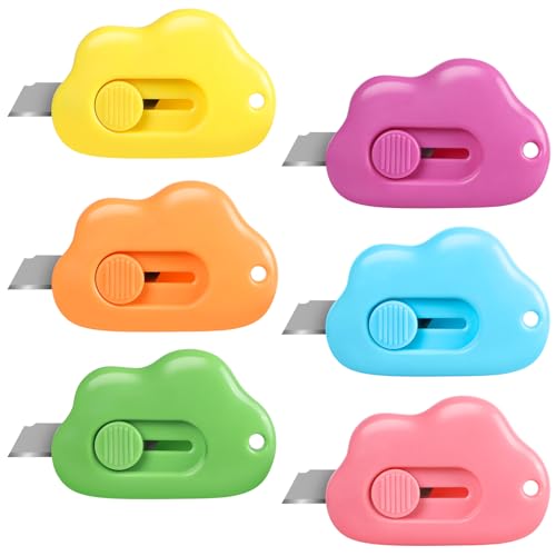 Cloud Box Cutter Retractable, 6Pcs Mini Utility Knife Letter Opener Envelope Slitter, Small Package Opener Paper Cutters with Keychain Hole for Office Home School Stationery DIY Crafts Rainbow Color