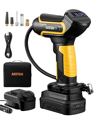 AstroAI Tire Inflator Air Compressor Cordless Car Tire Pump with 20V Rechargeable Li-ion Battery 150 PSI Portable Handheld Air Pump with 12 V Car Power Adapter for Cars Motorcycles LS40791（C1） Yellow