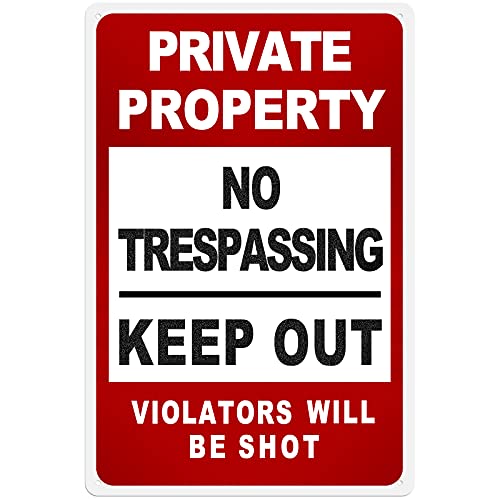 HANTAJANSS No Trespassing Sign Private Property Keep Out Warning Metal Sign, Retro Safety Tin Signs for Outdoors Use, Yard, Farm, Fence, Home