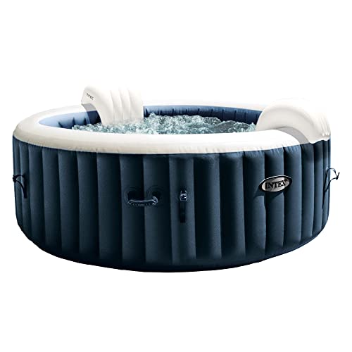 Intex PureSpa Plus 4 Person Inflatable 77' Round Outdoor Hot Tub Spa with 140 Bubble AirJets, Insulated Cover, and LED Color Changing Lights, Navy