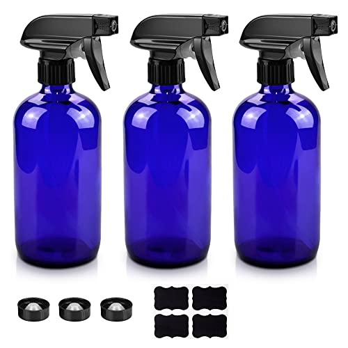 Worldgsb Glass Spray Bottles, 16oz Blue Glass Spray Bottles with Labels & Adjustable Nozzle, Reusable Containers for Cleaning, BBQ, Food, Plants, Alcohol, Essential Oils(3 Pack)