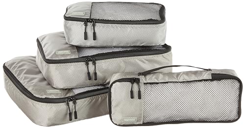 Amazon Basics 4 Piece Packing Travel Organizer Zipper Cubes Set, Small, Medium, Large, and Slim, Gray