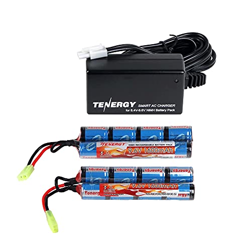 Tenergy Combo Charger and 2 Pack 9.6V NiMH 1600mAh Rechargeable Butterfly Battery Packs with Mini Tamiya Connector for Airsoft AEGs