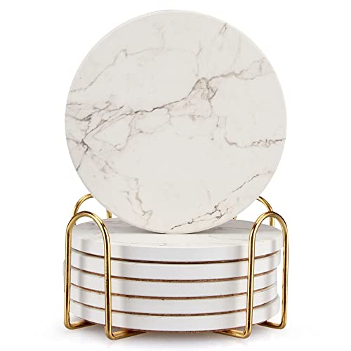 6 Pcs White Marble Coaster Set with Holder Best Absorbent Coasters Drink Coasters Ceramic Bar Coasters Cute Table Coasters Gift Cup Stone Coasters Modern Coasters for Beverage Beer Coasters