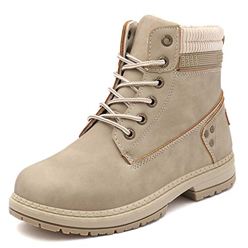 Athlefit Women's Work Waterproof Hiking Combat Boots Lace up Low Heel Booties Ankle Boots size 9 Khaki