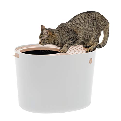 IRIS USA Large Stylish Round Top Entry Cat Litter Box with Scoop, Curved Kitty Litter Pan with Litter Particle Catching Grooved Cover and Privacy Walls, White/Beige
