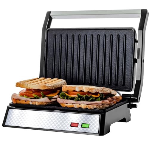 OVENTE Electric Panini Press Sandwich Maker with Non-Stick Coated Plates, Opens 180 Degrees to Fit Any Type or Size of Food, 1000W Indoor Grill Perfect for Quesadillas, Burgers & More, Silver GP0620BR