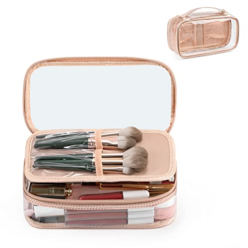 OCHEAL Clear Makeup Bag, Portable Makeup Storage Organizer Cosmetic Bag, Travel Makeup Bag Cute Clear Pouch For Women and Girls Cosmetics Bags with Divider Makeup Brush Compartment-Rose Gold