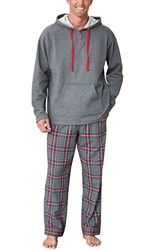 PajamaGram Mens Flannel Pajamas Sets - Warm Hooded Pajamas for Men, Gray, MD