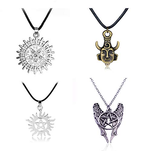 Fineder 4 Pack Supernatural Necklace Dean Winchester Mask Pendant Necklace, Supernatural Merchandise Jewelry Gifts