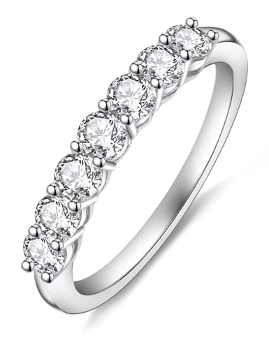 Moissanite Cottage 7 Stones Moissanite Anniversary Rings for Women, 0.7 Carat Round Cut Diamond 18K White Gold Plated 925 Sterling Silver Half Eternity Wedding Bands Stackable Ring, Size 7
