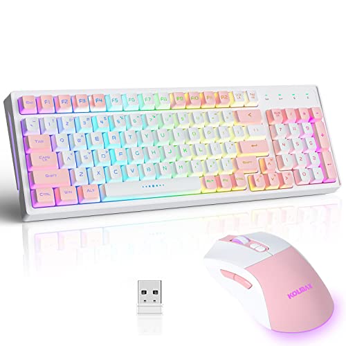 CK98 Wireless Rechargeable Backlit Keyboard and Mouse Combo, RGB White Keyboard with 98 Keys, Dual Color Mouse with 3200DPI for PC Mac Gamers (White/Pink)