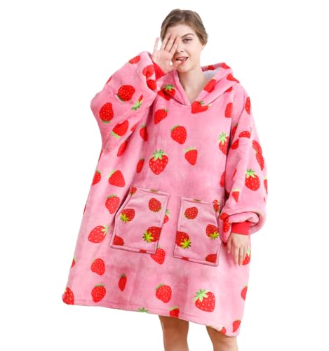 Dietersler Wearable Blanket is Oversized Fluffy and Comfortable Plush Blanket，Warm Sherpa Sweatshirt，One Size for All (Strawberry)
