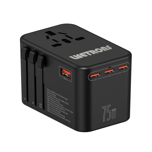 LIFETRONS 75W GaN Travel Adapter 3-Type-C 2-USB Charge for US, UK, Europe, AU, Asia Over 200 Countries 100-240V Converter JY-309MAX