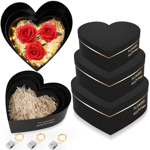 Glenmal 3 Pcs Heart Shaped Gift Boxes Set with LED Strings and 100g Shredded Paper Fill Decorative Heart Gift Boxes for Wedding, Birthday, Baby Shower, Mother's Day(Black)