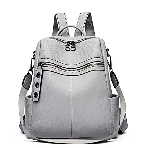 Maxoner Small Leather Women Backpack Purse for Women Fashion Convertible Bookbag, Shoulder Handbag Travel Bag Satchel Rucksack Ladies Sling Bag (Faux Leather Light Grey)