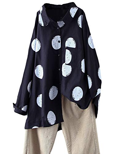 Minibee Women's Button Down Tunic Tops Polka Blouse Cotton Shirts Black XL