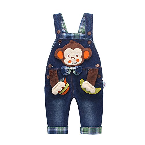 KIDSCOOL SPACE Baby Boy Girl Jean Overalls,Toddler Denim 3D Monkey Dungarees Pants,Blue,18-24 Months