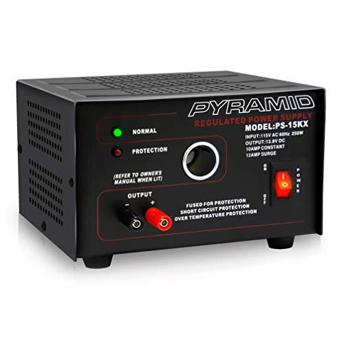 Pyramid Universal Compact Bench Power Supply - 10 Amp Linear Regulated Home Lab Benchtop AC-to-DC Converter w/ 13.8 Volt DC 115V AC 250W Input, Screw Type Terminal, 12V Car Cigarette Lighter-PS15K.5