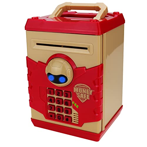 Yoego Cool Robot Electronic Password Piggy Bank - Great Gift Toy for Kids with Fun Lights & Sound Effects, Automated Bill Feeder, Coin Slot, PIN Protection & More, for Boys & Girls (Khaki Red)